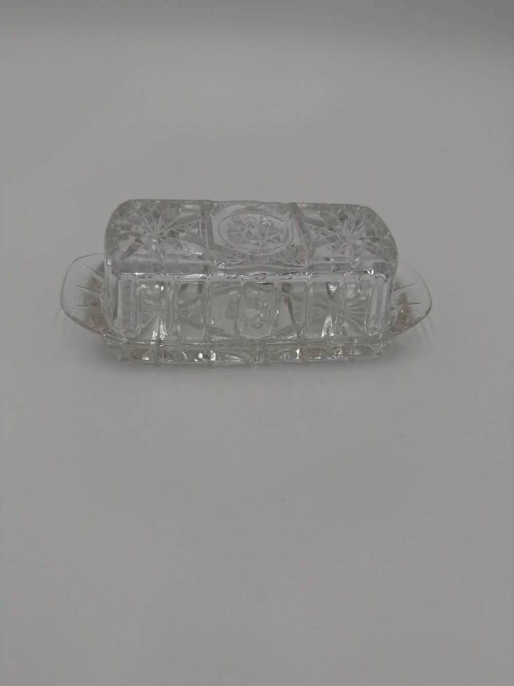 Vintage Clear Cut Glass Butter Dish Lid Rectangular Starburst Design Elegant Kit